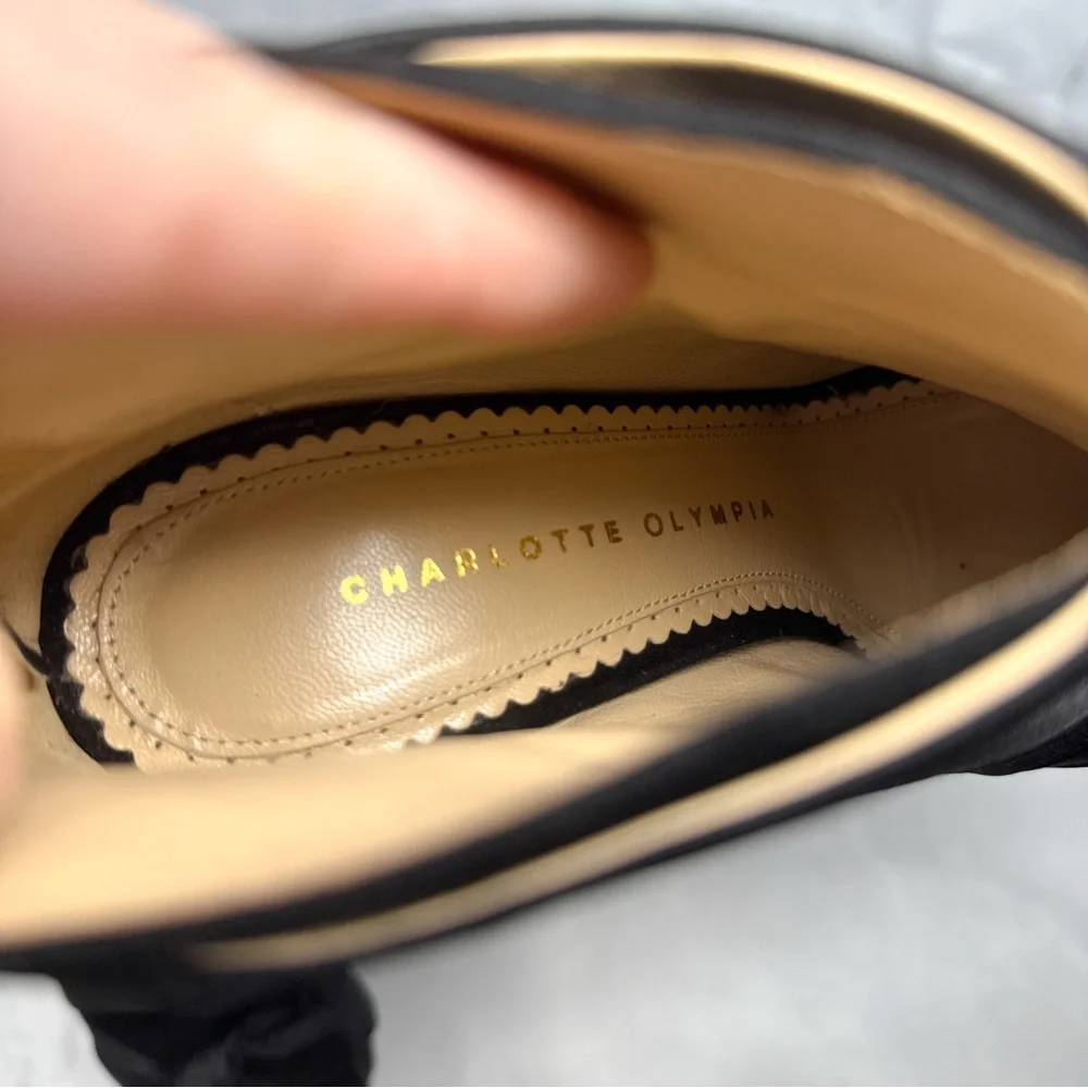 Charlotte Olympia Satin Wrap Turban Knot Suede Platform Block Heel Ankle Boot 37